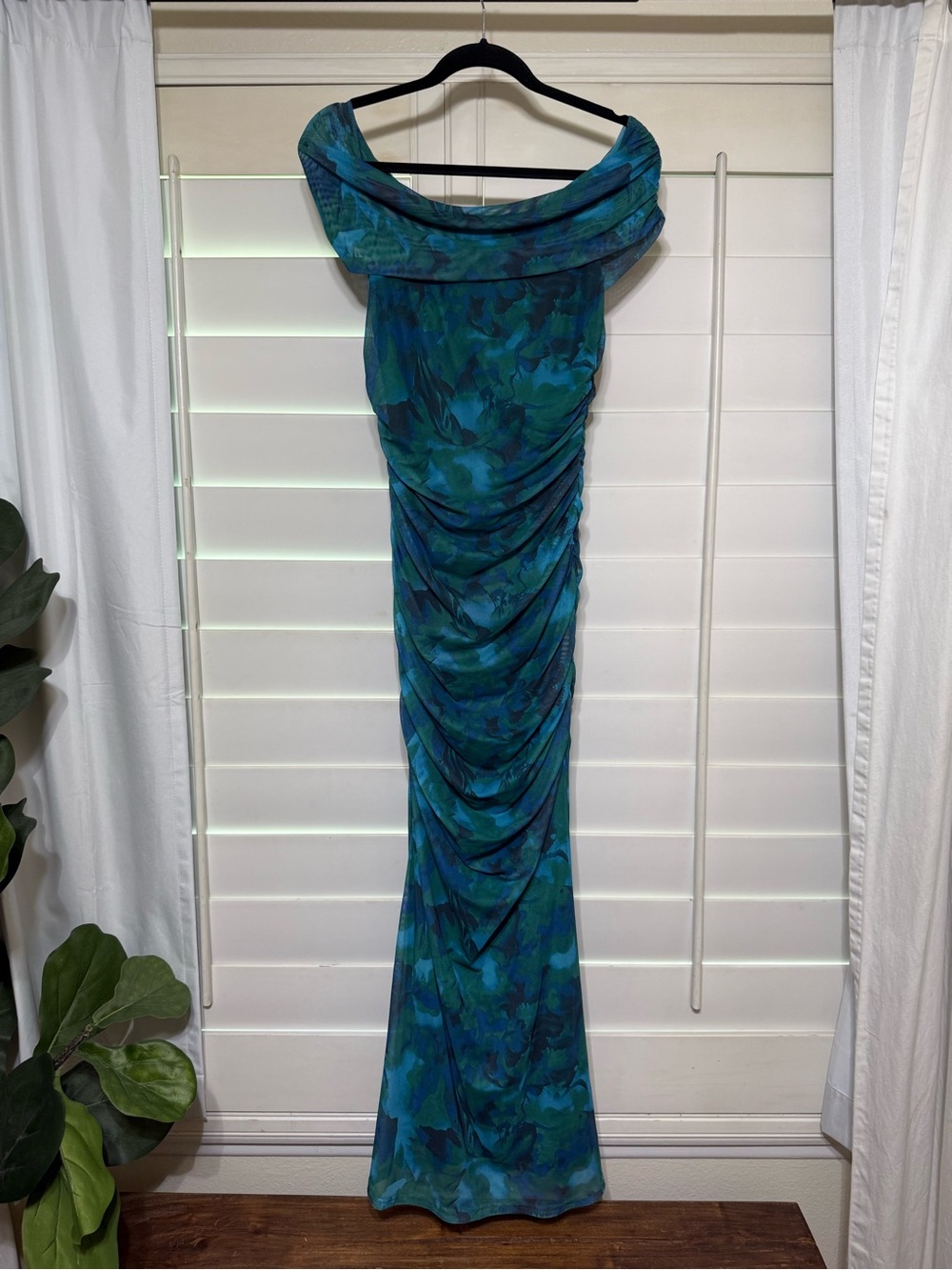 Strapless Teal Floral Ruched Maxi Dress